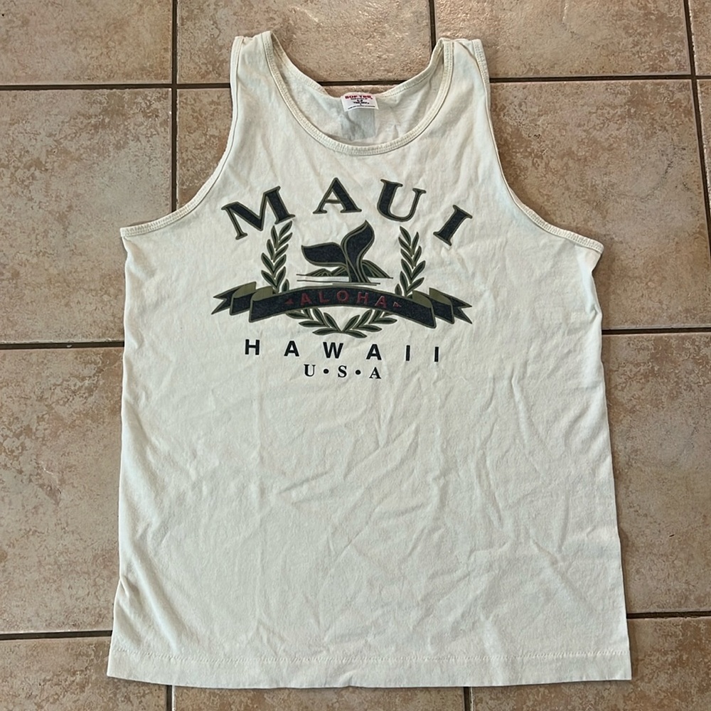Vintage MAUI Hawaii USA 100% Cotton Tank Top‎ Cream, Sz Large